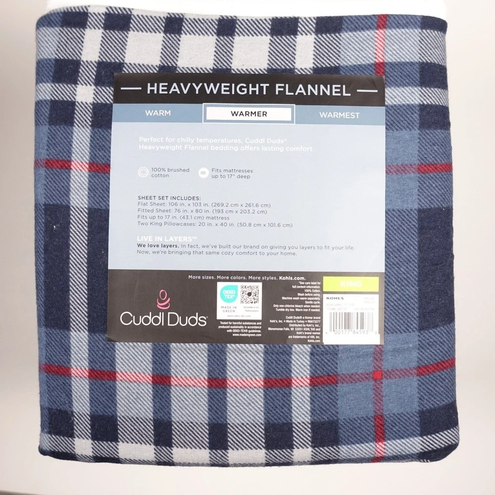 Cuddl Duds King Sheet Set Heavyweight Flannel Navy Red Plaid 100% Cotton NEW
